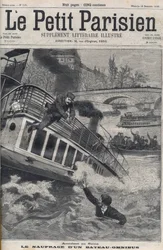 Accident in the Seine in Paris - The sinking of an omnibus boat: the crew of the boat jumps into the Seine to escape. Le Petit Parisien, 18/12/1898.