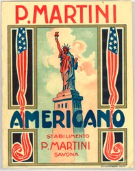 Advertisement for Italian short drink Americano, with American flag and Statue of Liberty
