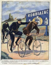 Advertising for Robbialac paint: police officers accuse a cyclist of stealing his bike because he looks new thanks to Robbialac paint. Engraving in Le petit journal illustré