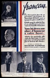 Advertising poster for the sale of portraits of Marshal Philippe Petain during the Second World War and praising Petain (sold for the benefit of national relief to combat poverty)