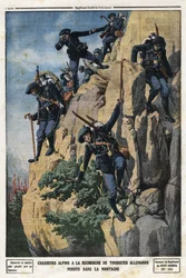 Alpine hunters looking for lost German tourists. They wanted to go to the Nero mountain of the Chartreuse massif. Engraving in 