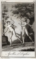 Apollo and Daphne. The nymph Daphne turns into a laurel to escape Apollo. Engraving from 1819 in 