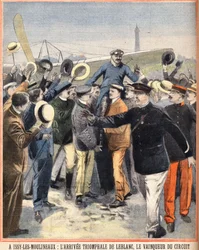 Arrival Triumph by Alfred LeBlanc (1869-1921), French Pilot, Winner of the Air Circuit at Issy Les Moulineaux. Engraving in Le Petit Parisien on 14/08/1910