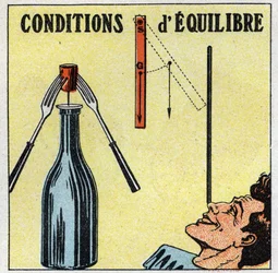 Balance of Solids: Equilibrium Conditions. Experience with a Bottle, a Stopper and Two Forks. Anonymous Illustration from 1925. Private Collection