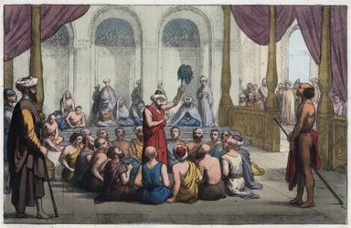 Brahmins singing praises to the god Rama - engraving from “Usi e Costumi di Tutti i Popoli dell