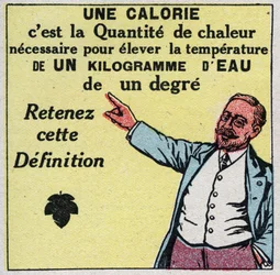 Calorimetry: a calorie is the amount of heat needed to raise the temperature of one kilogram of water by one degree. Anonymous illustration from 1925. Private collection.