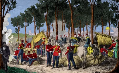 Camping of Russian and English troops at Champs Elysees in Paris in July 1815 after the defeat of Napoleon I