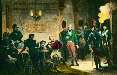 Case of Louis de Bourbon, Duke of Enghien: scene of trial of the prince suspected of having conspired against the first consul Napoleon Bonaparte, he was sentenced and executed without proof. Engraving from 1804