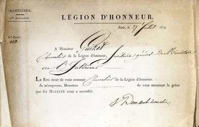 Certificate of Delivery of the Legion of Honour to Guizot, General Secretary of the Ministry of the Interior, 21/07/1814