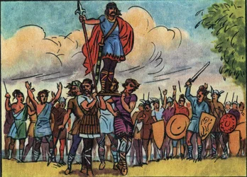 Clovis (king of the Francs from 481 to 511) was elected king by the Salians who carried him on the bulwark (shield) while touring the camp. Anonymous illustration in Collection des souverains et chefs d
