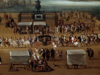 Cortege passing in front of the statue of Henri IV on the Pont Neuf in Paris in the 17th century (detail)
