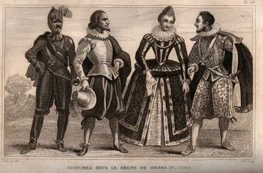 Costumes under the rule of Henry IV (1590). Engraving from 1859 in Le Monde. History of all peoples from the most remote times to the present day by M. E. de Lostalot-Bachoue. Private collection.