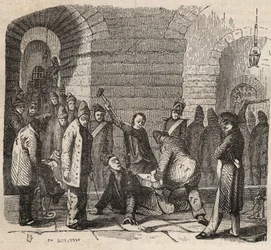 Coupling at the Rochefort bagne in the 19th century. Engraving in Histoire des bagnes depuis leur création à nos jours (1877) by Pierre Zaccone. Private collection.