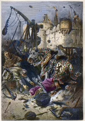 Death of Simon IV of Montfort (1150-1218) French aristocrat, at the siege of Toulouse in 1218 - Death of Simon de Montfort during the Battle of Toulouse, June 25