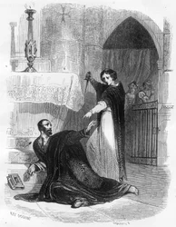 Death of The Inquisitor Pedro (Peter) of Arbues (1441/1442 - 1485) in the Cathedral of Zaragoza in September 1485. Illustration in Mysteres of the Inquisition and Other Secret Societies of Spain By Victor de Fereal, Suberwick, Manuel Galo