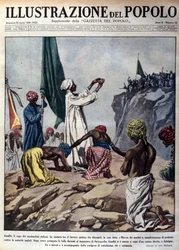 Demonstration led by Mohandas Karamchand Gandhi (1869-1948) to protest the English authorities, depicting a ceremony during the Martyrs march towards Jalaipur. Illustration from L