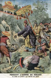 During the agony of the Mikado Meiji: the crowd in prayers near the palace. Engraving in 