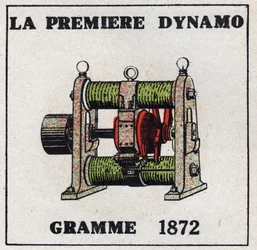 Dynamo: the first dynamo invented by Zenobe Theophile Gram in 1872. Anonymous illustration from 1925. Private collection.