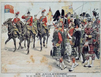 Edward VII (1841-1910) King of England reviews the Scottish Highlanders - Illustration from the illustrious supplement of the Little Diary, 1905