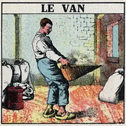 Electric tooling: the van or wicker basket used to wipe grain before the invention of electric machines. Anonymous illustration from 1925. Private collection.