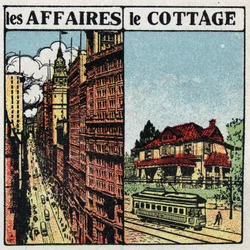 Electric trams: tram line in the city and in the countryside. Anonymous illustration from 1925. Private collection.