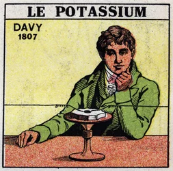 Electrochemistry: decomposition of potash and soda by Sir Humphry Davy in 1807. Anonymous illustration from 1925. Private collection.
