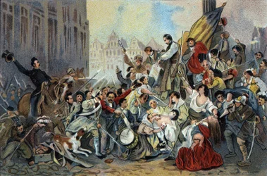 Episode of the Revolution of 1830 in front of the Brussels City Hall. Advertising chromolithography of Antoine chocolates in Brussels, beginning of the 20th century. Private Collection