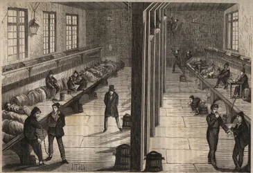 Escape of three convicts in the room Saint Gilles of the bagne de Rochefort on 28 December 1840. Engraving in 