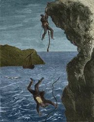 Escape of two forces from the bagne de Belle-Ile-en-Mer in the 19th century. Engraving in 