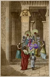 Euclid presenting to Ptolemy Soter (Ptolemy I Soter) his work on the elements of geometry - Euclid (325-265 BC) Greek mathematician presented to Ptolemy I (360-283 BC) Soter (savior) his elements of geometry - engraving in 