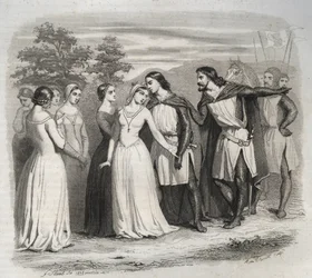 Farewell of Saint Elizabeth of Hungary to Her Husband, Louis IV of Thuringia, Leaving for the 6th Crusade in 1227. Engraving from 1846 in 