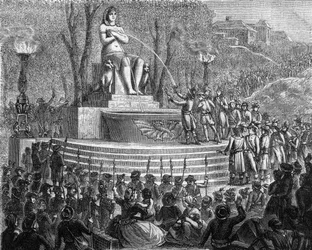 Fête de la nouvelle constitution (29 thermidor year I or 10 August 1793) - La Fontaine de la Regeneration sur les debris de la Bastille (10 August 1793). Engraving in Histoire des Girondins by Alphonse de Lamartine (1790-1869) 1865-1866. Private collection