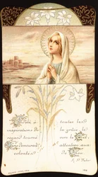 Faithful to all the inspirations of grace, the gaze turns to heaven, Mary remained attentive to the wishes of God. Pious image. 20th century. Private Collection