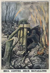 First World War 1914-1918. A French officer fights on his own against two battalions of the German army in the Bois de Caures. In Le Petite Journal, on 14/05/1916. Private Collection