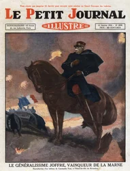 First World War: portrait of General Joseph Joffre (1852-1931) on horseback, representing as victor on the battlefield of La Marne (September 1914) - Illustration from a painting by Constantine Font - Engraving from 