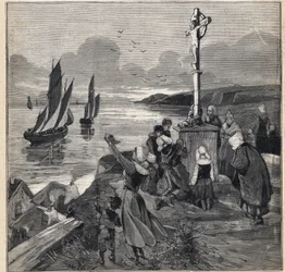 Fishing in Iceland: the fishermen leave Brittany. Engraving in 