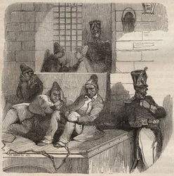 Convict at rest at the Rochefort bagne in the 19th century. Engraving in 