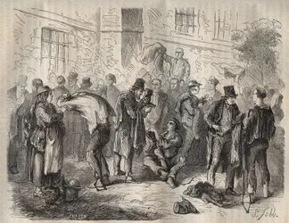 Forcats selling their belongings before entering the Toulon Bagne in the 19th century. Engraving in Histoire des bagnes depuis leur création à nos jours (1877) by Pierre Zaccone. Private collection.