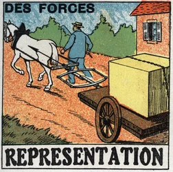 Forces: a horse pulling a car. Anonymous illustration from 1925. Private collection