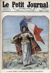 France (Marianne) protects the national flag against anti-patriotism - Le Petit Journal of October 1909
