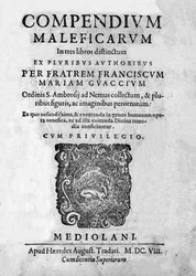 Frontispiece of Compendium Maleficarum, deals with witches, their evil and their sortileges by Francesco Maria Guazzo 1608
