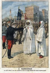 General Hubert Lyautey (1854-1934) presents the cross of the Legion of Honour to the caid Thami El-Glaoui (1879-1956) and to his brother in Marrakech, Morocco. Illustration taken from The Petity Journal 25 April