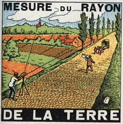 Gravitation: measuring the radius of the Earth. Anonymous illustration from 1925. Private collection.