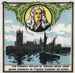 Gravitation: portrait of Isaac Newton (1642-1727) who discovered the laws of gravity. Anonymous illustration from 1925. Private collection.
