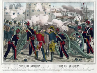 Crimean War - Battle of Kinburn (1855) - Bombardment of Kinburn - Anonymous - 1857 - Lithograph, watercolour - 29,5 x 42,7 - Private Collection