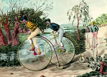 History of the bicycle: race of grand bi. Engraving of the 20th century. Private collection