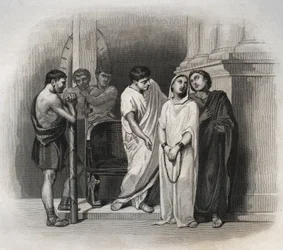 Holy Victory, suffered martyrdom in Carthage with Saint Saturnin, in 304. Engraving from 1846 in Lives of the saints. Private collection