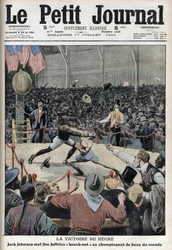 Jack Johnson winning world boxing championship against Jim Jeffries in Reno, Nevada, July 4