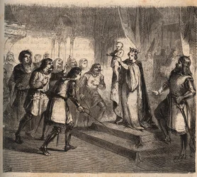 Joan of Flanders (1295-1374), wife of Jean de Montfort, Duke of Brittany (1293-1345) presents her son, John IV of Brittany, Count of Montfort (known as the valiant or the conqueror)