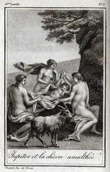 Jupiter child fed by the goat Amalthee. Engraving from 1819 in 